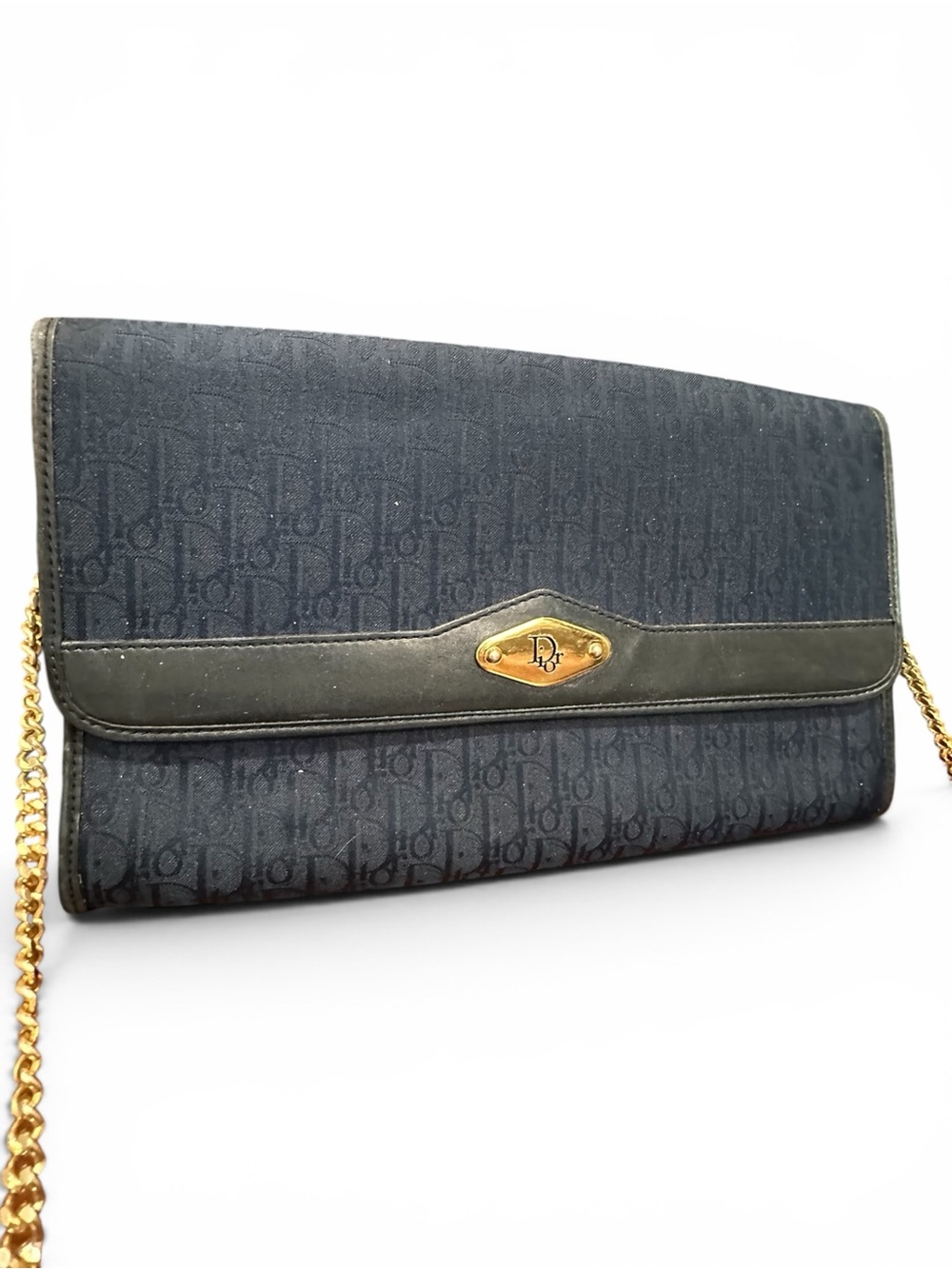 Vintage Christian Dior Navy Oblique Chain Clutch Made in France